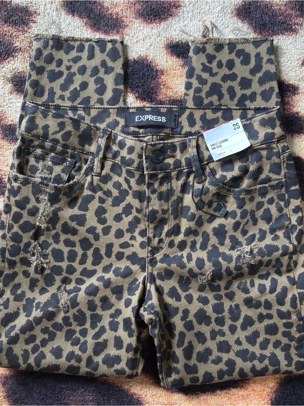 Express Leopard Print Ankle Cropped Jeans - Olive/Brown and Black
